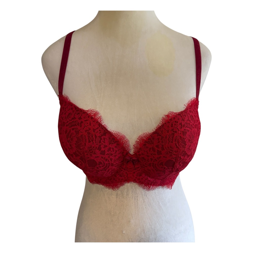 Victoria Secret Dream Angels Lined Demi Bra Womens 34DD Red Lace Lingerie